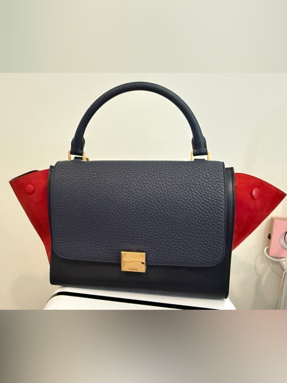 Celine Trapeze Medium Bag Black Leather Red Suede Wings Gold Handware Authentic